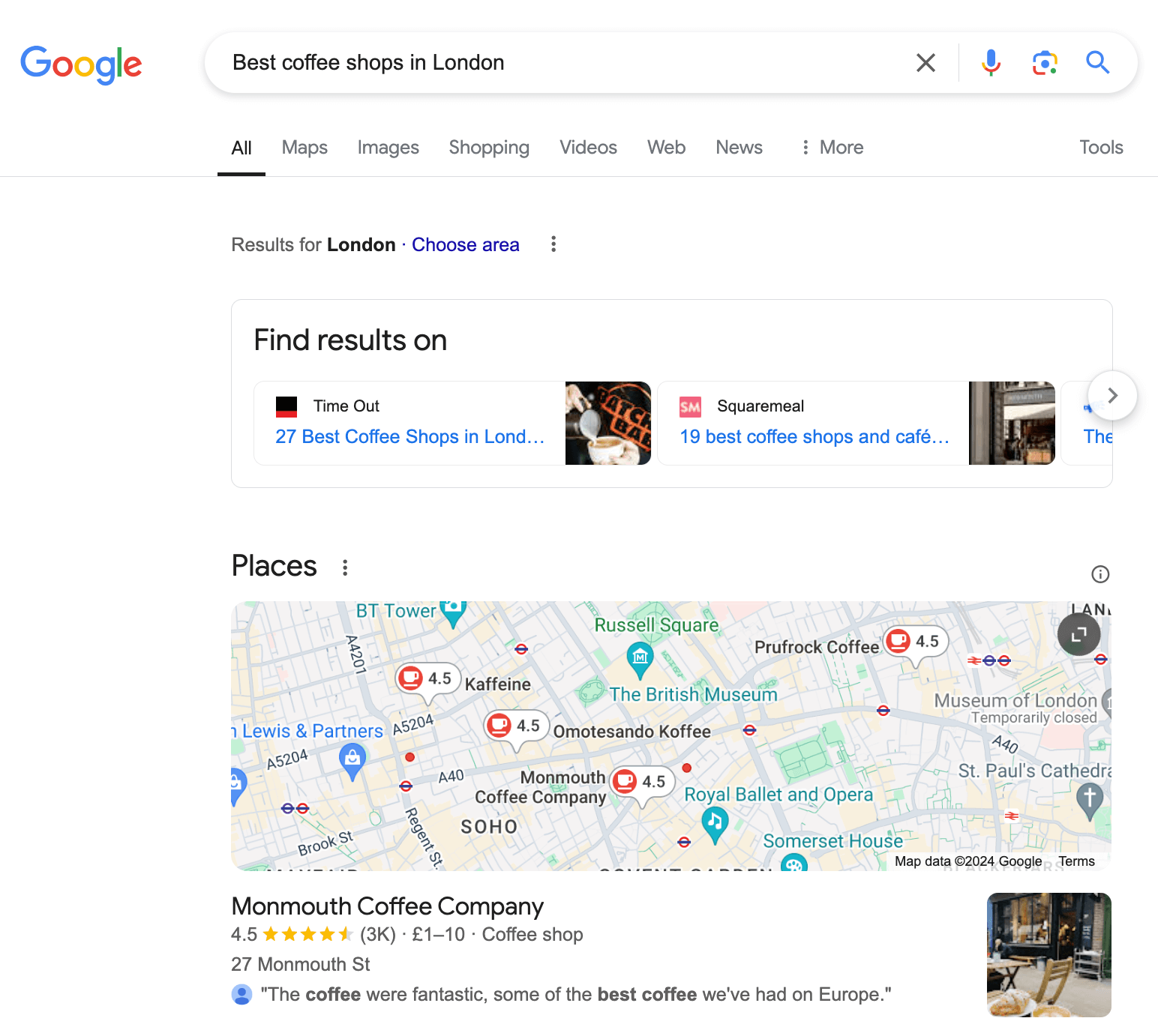 Screenshot of a Google search results page for the query ‘Best coffee shops in London,’ which doesn’t include a Google AI search results overview.