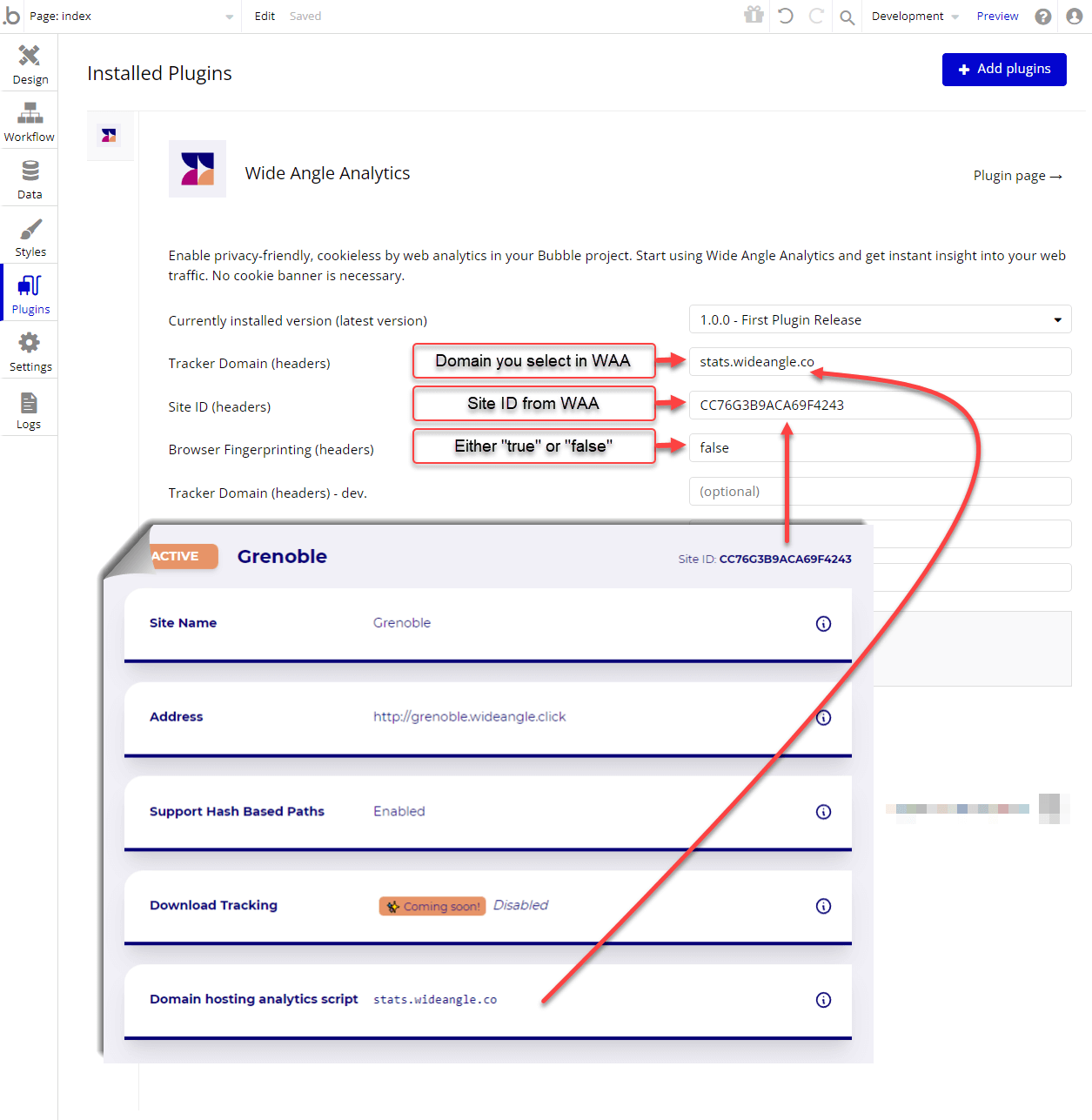 Configure plugin using you Wide Angle Analytics site details