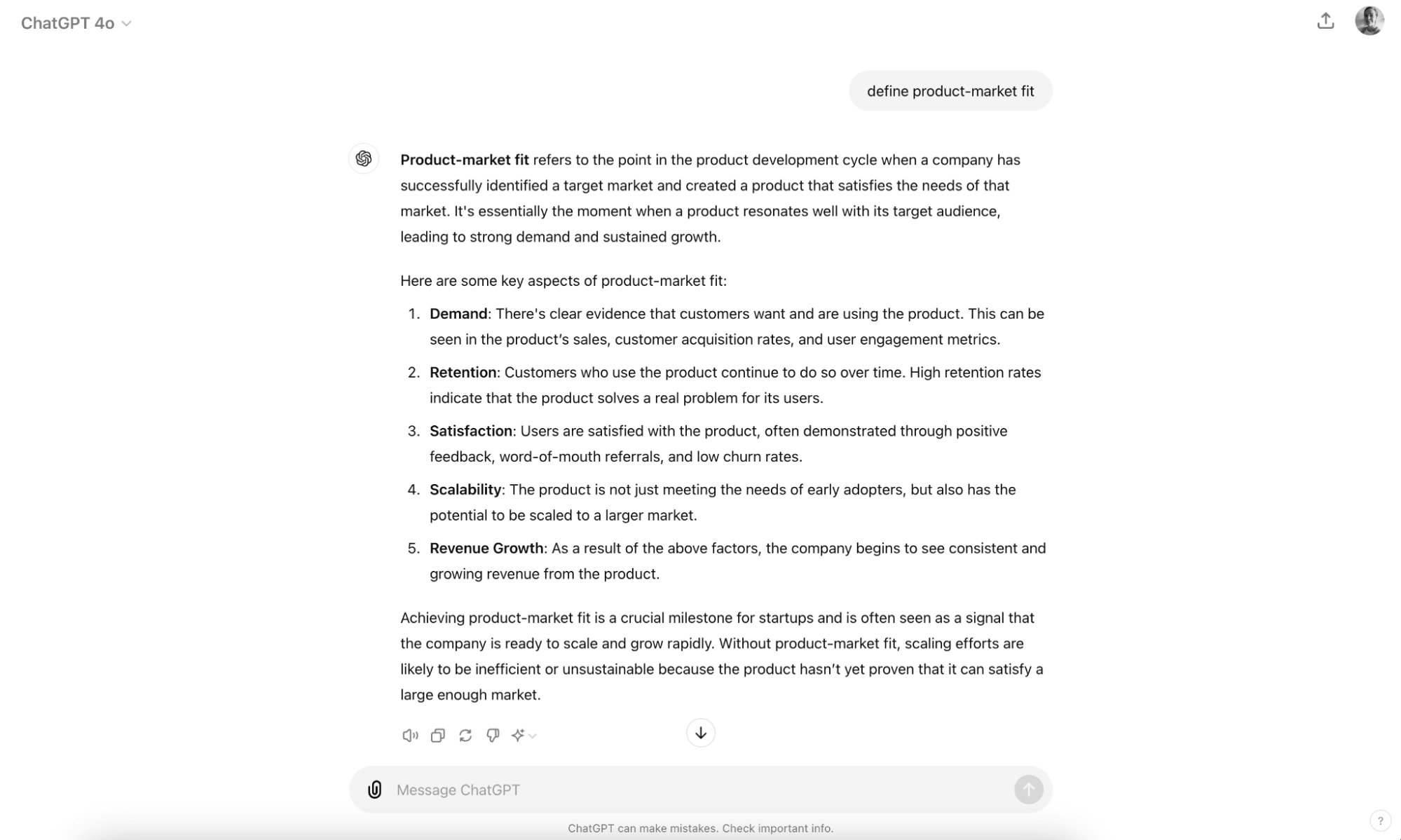 Screenshot from ChatGPT session with Product-Market Fit definition