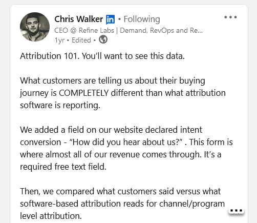 Chris Walker - Attribution 101 - LinkedIn Post