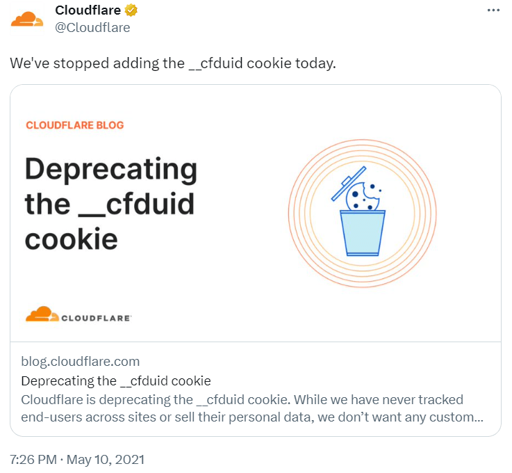 Cloudflare Twitter accouncemnt about removing cookies