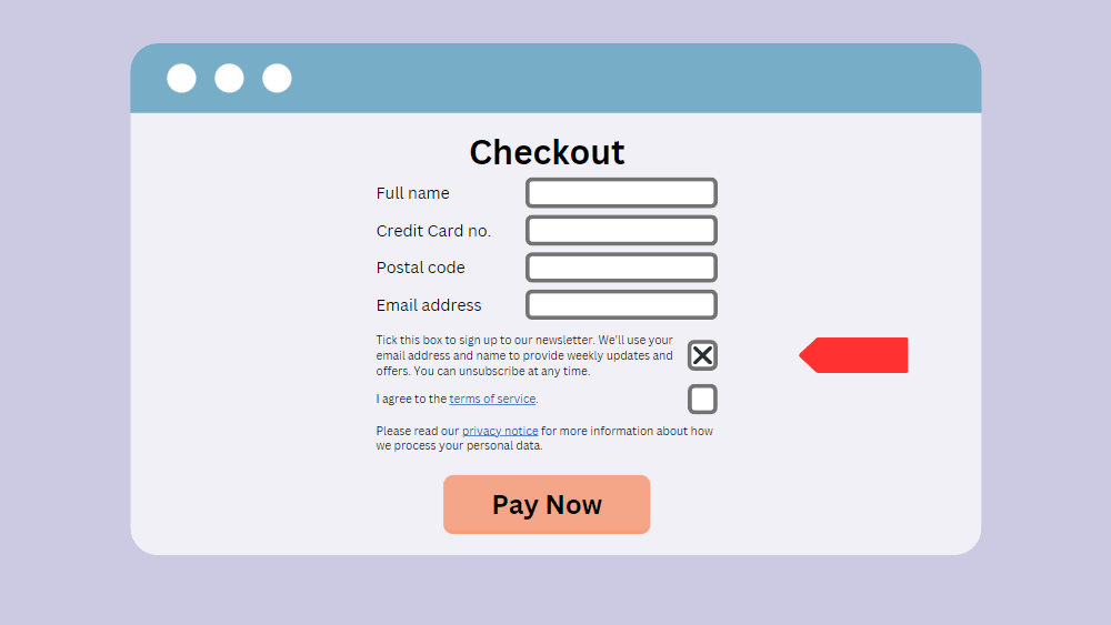 Email Marketing in Europe; a mockup of checkout form with prior opt-in