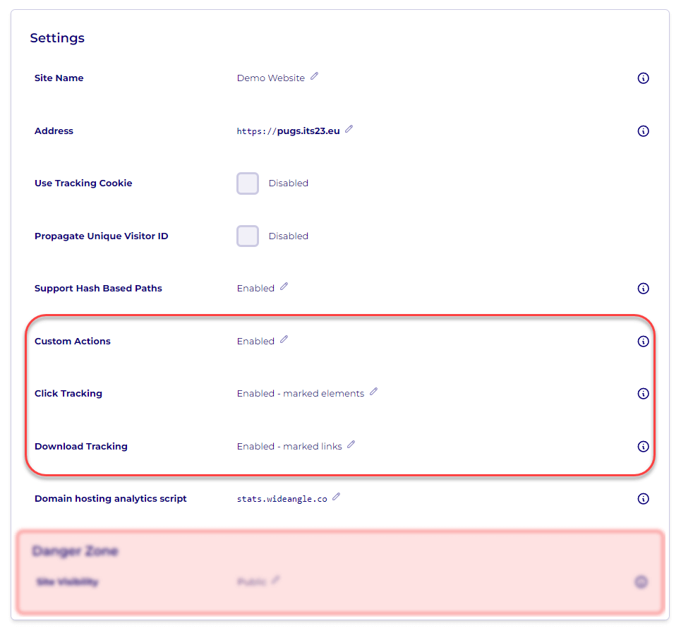 Wide Angle Analytics Event Tracking section in website settings