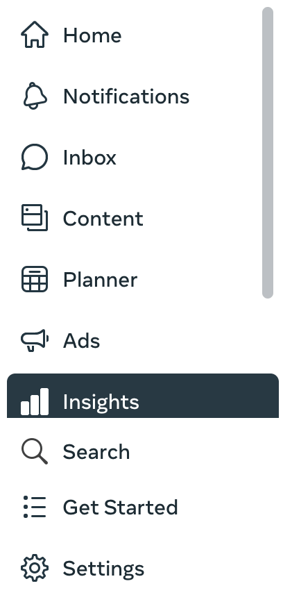 How does Facebook analytics work? A screenshot of the left-hand side menu of Meta Business Suite where you can find the Insights tab for your Facebook analytics.
