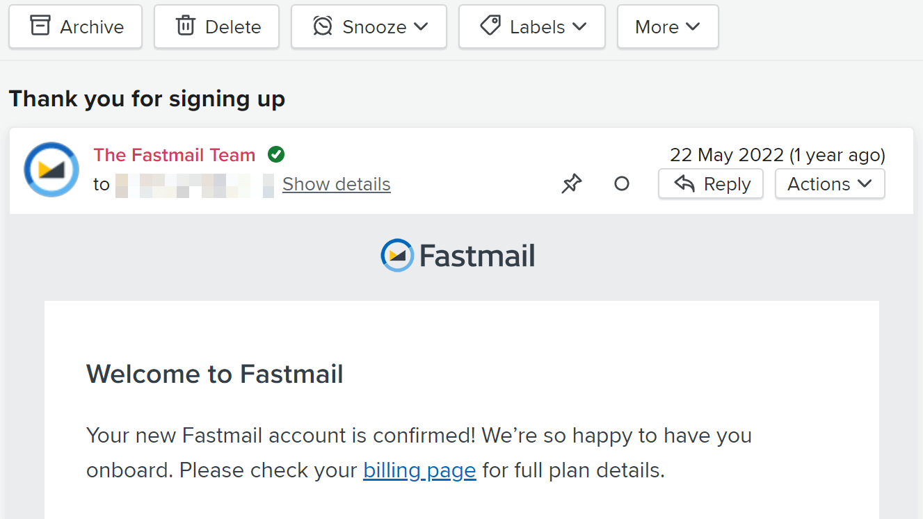 Screenshot of Fastmail web mail illustrating verified email sender.