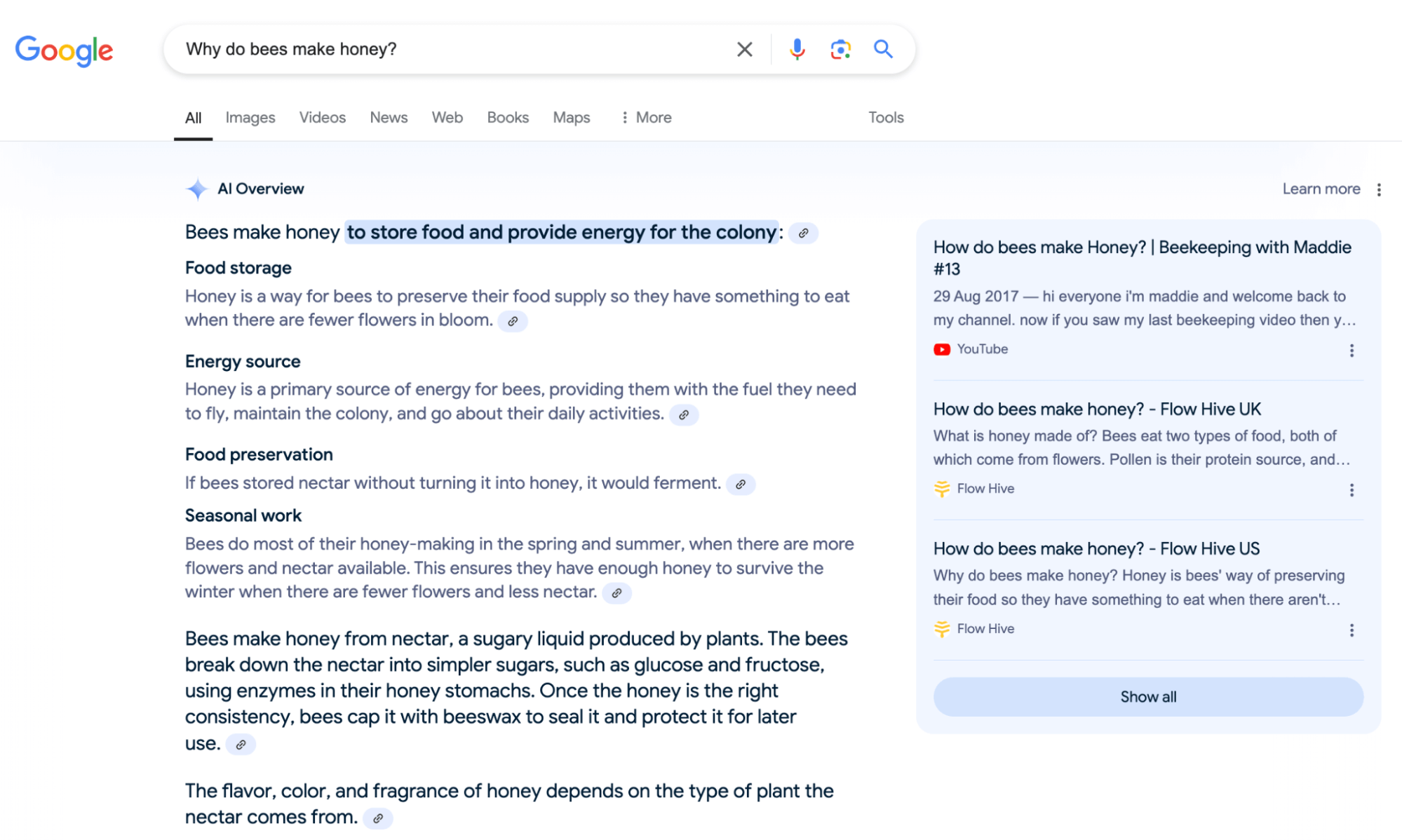 Screenshot of a Google search results page for the query ‘How do bees make honey?’ including Google’s AI search results overview.