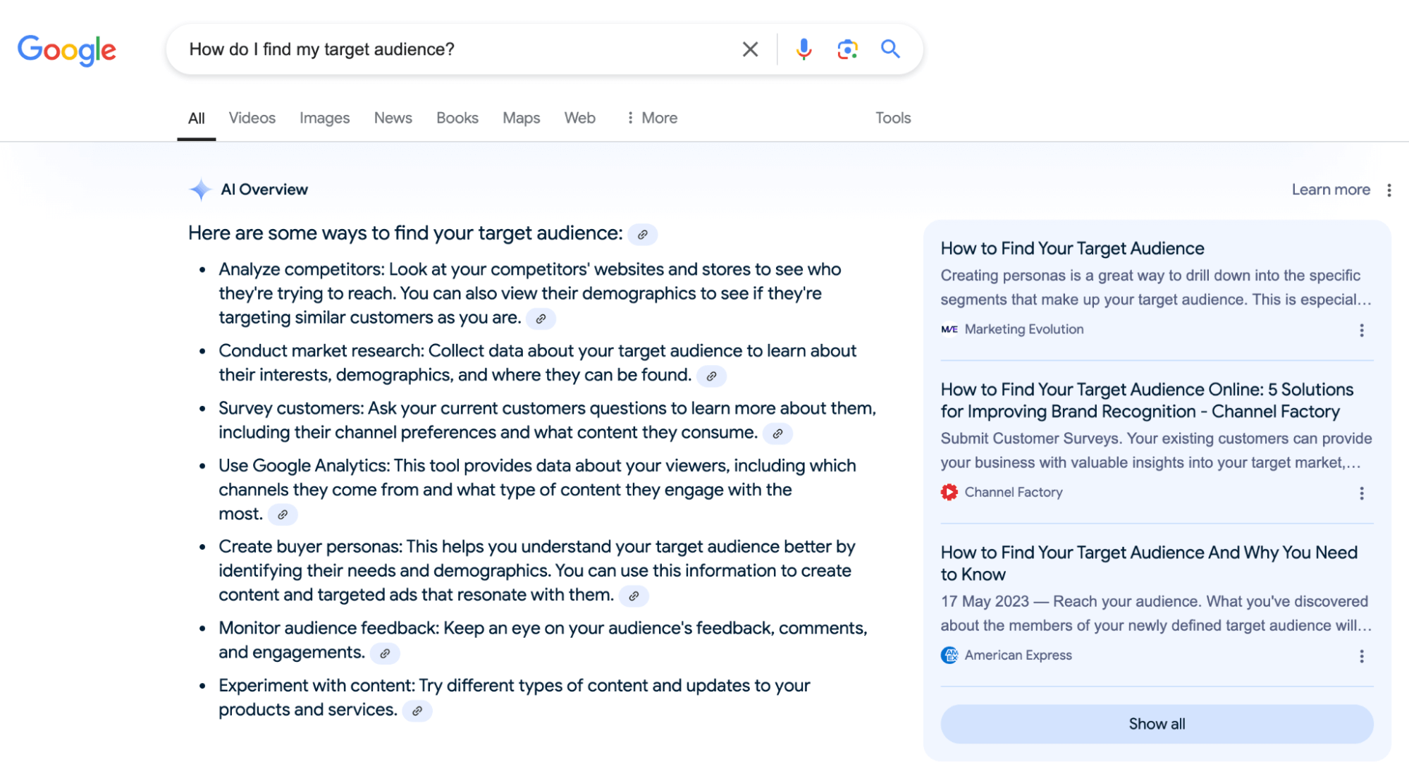 Screenshot of a Google search results page for the query ‘How do I find my target audience?’ including Google’s AI search results overview.