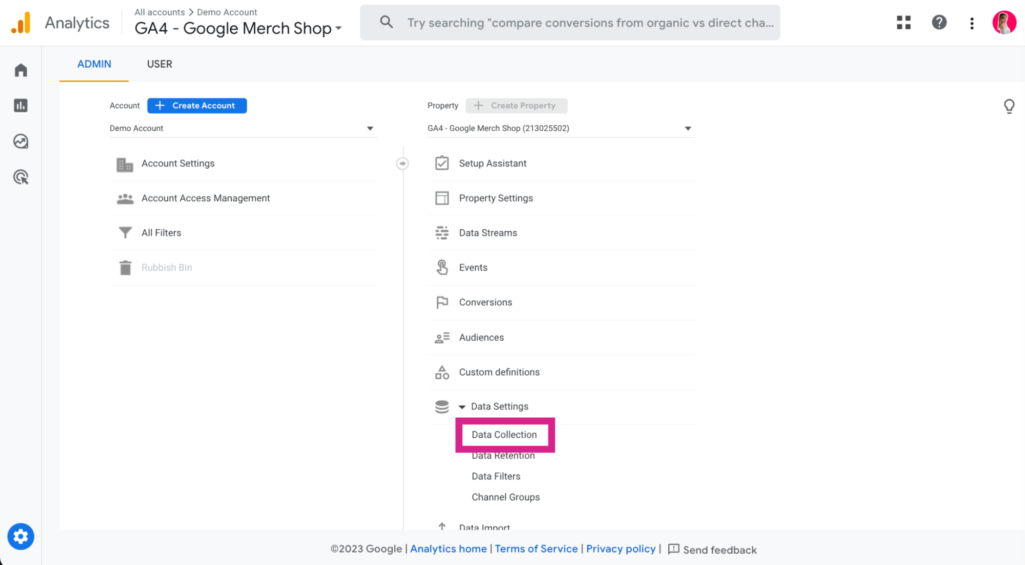 Screenshot showing how to navigate from GA4’s Admin page to the Data Collection settings when Google Analytics isn’t showing data.