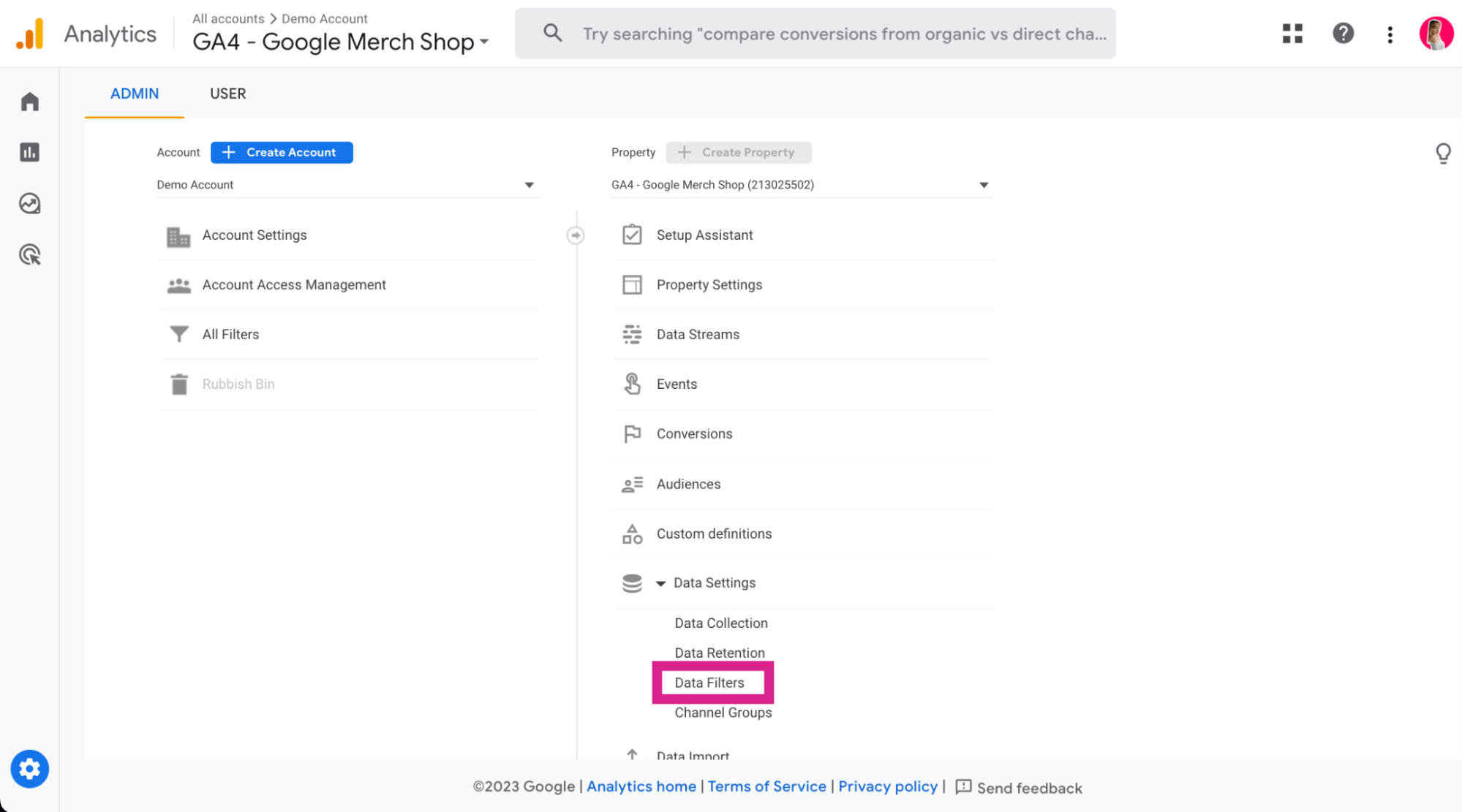 Screenshot of where to find and review data filters in GA4 via the Admin page when Google Analytics isn’t showing data.