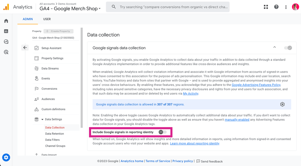 Screenshot der Einstellungen für die Datenerfassung von GA4 mit einer Hervorhebung der Option 'Google-Signale in die Berichtsidentität einbeziehen', die Sie deaktivieren können, wenn Google Analytics keine Daten anzeigt.