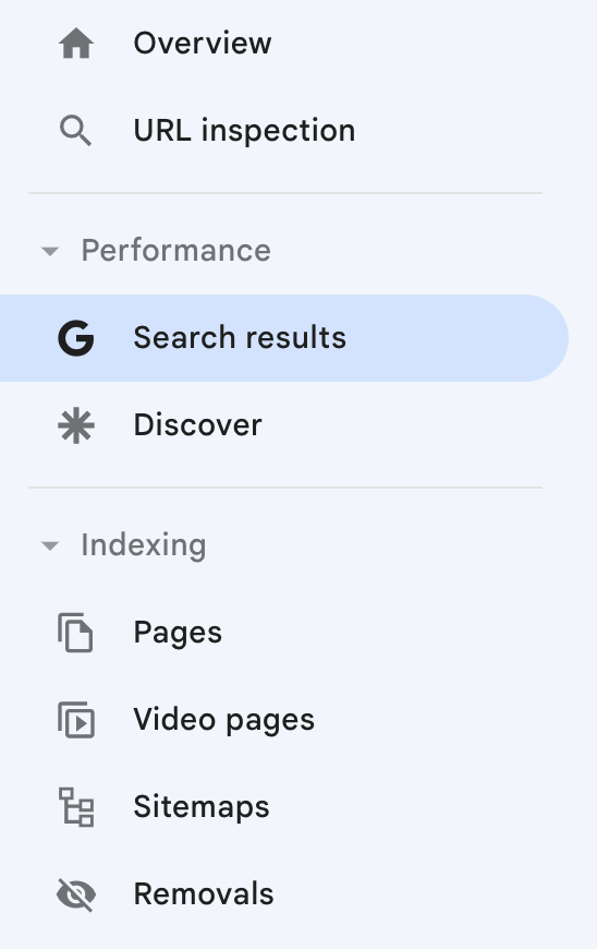 Screenshot der Menüoptionen der Google Search Console, einschließlich der Registerkarte Suchergebnisse, auf der Sie Keyword- und SERP-Daten wie Keyword-Rankings, Impressionen und organischen Traffic anzeigen können.