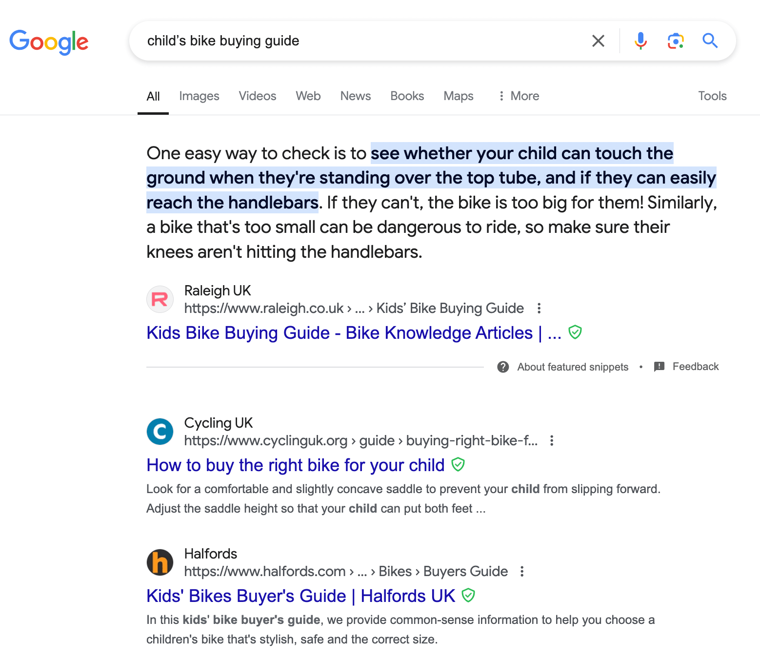 Screenshot of a Google search results page for the query ‘Child’s bike buying guide,’ which doesn’t include a Google AI search results overview.