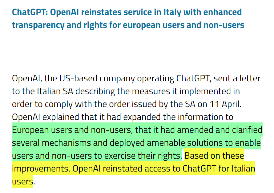 GDPR Enforcement - ChatGPT resumes operation in Italy