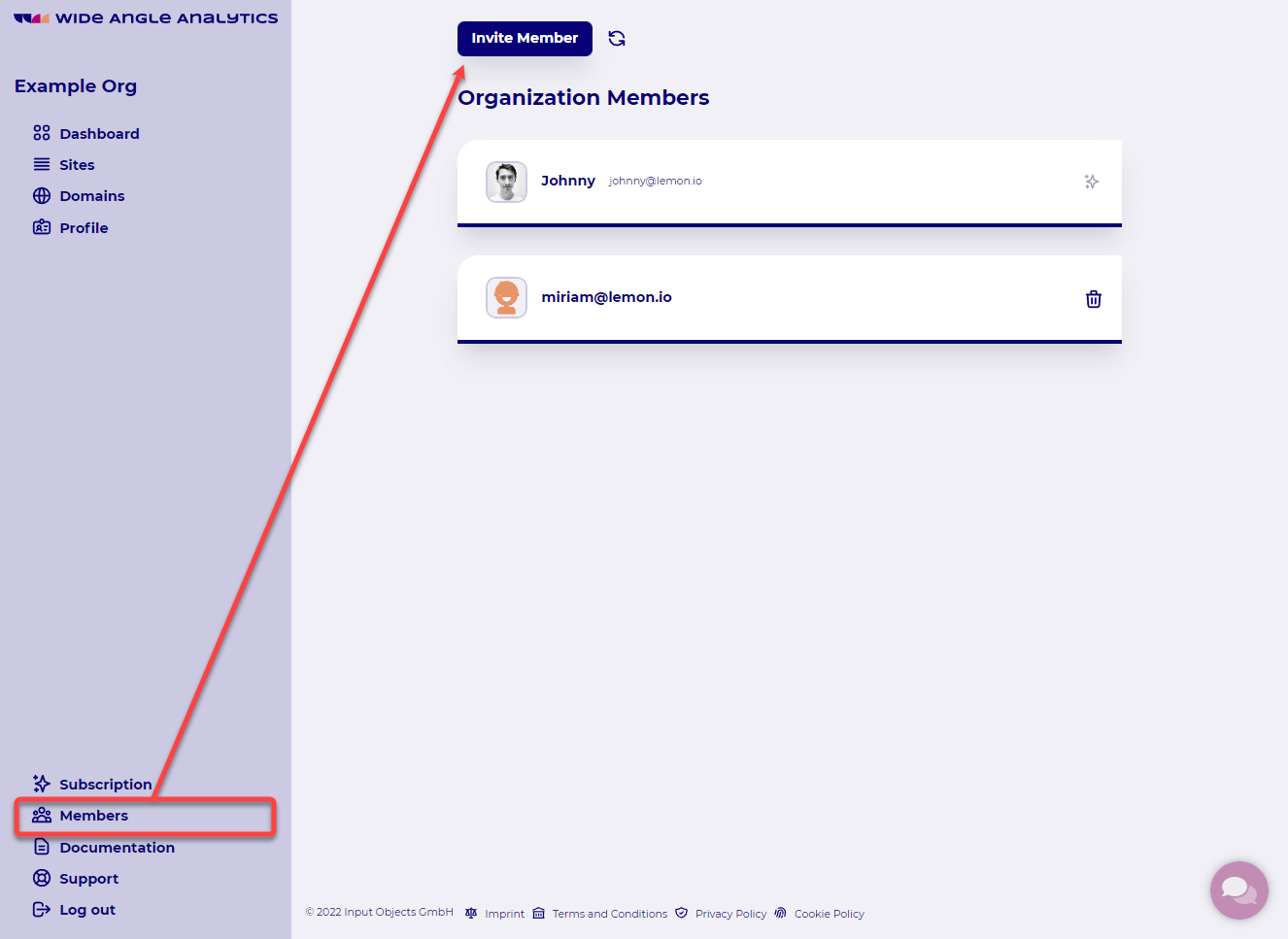 You will find the Invite Member action button in the Members section
