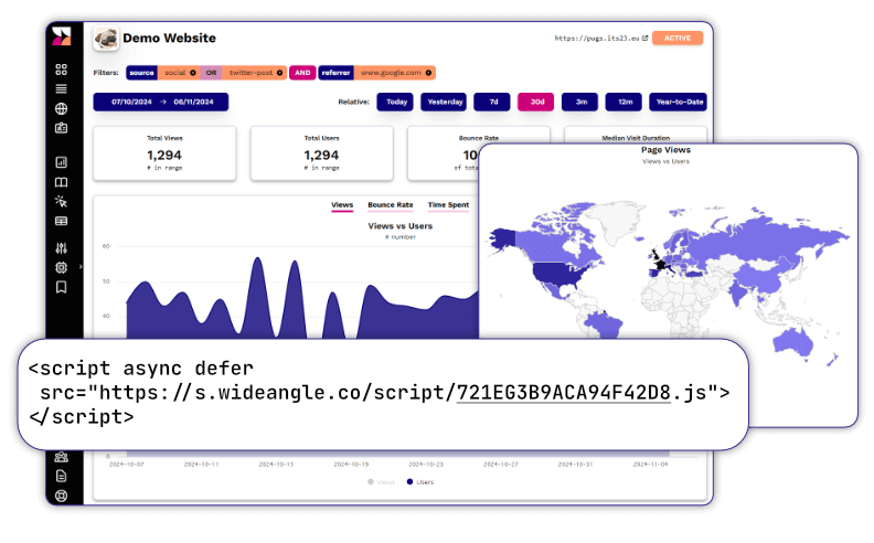 Wide Angle Analytics Powerful reporting; a magnifying glass on top of analytics reports escaping from circular frame.