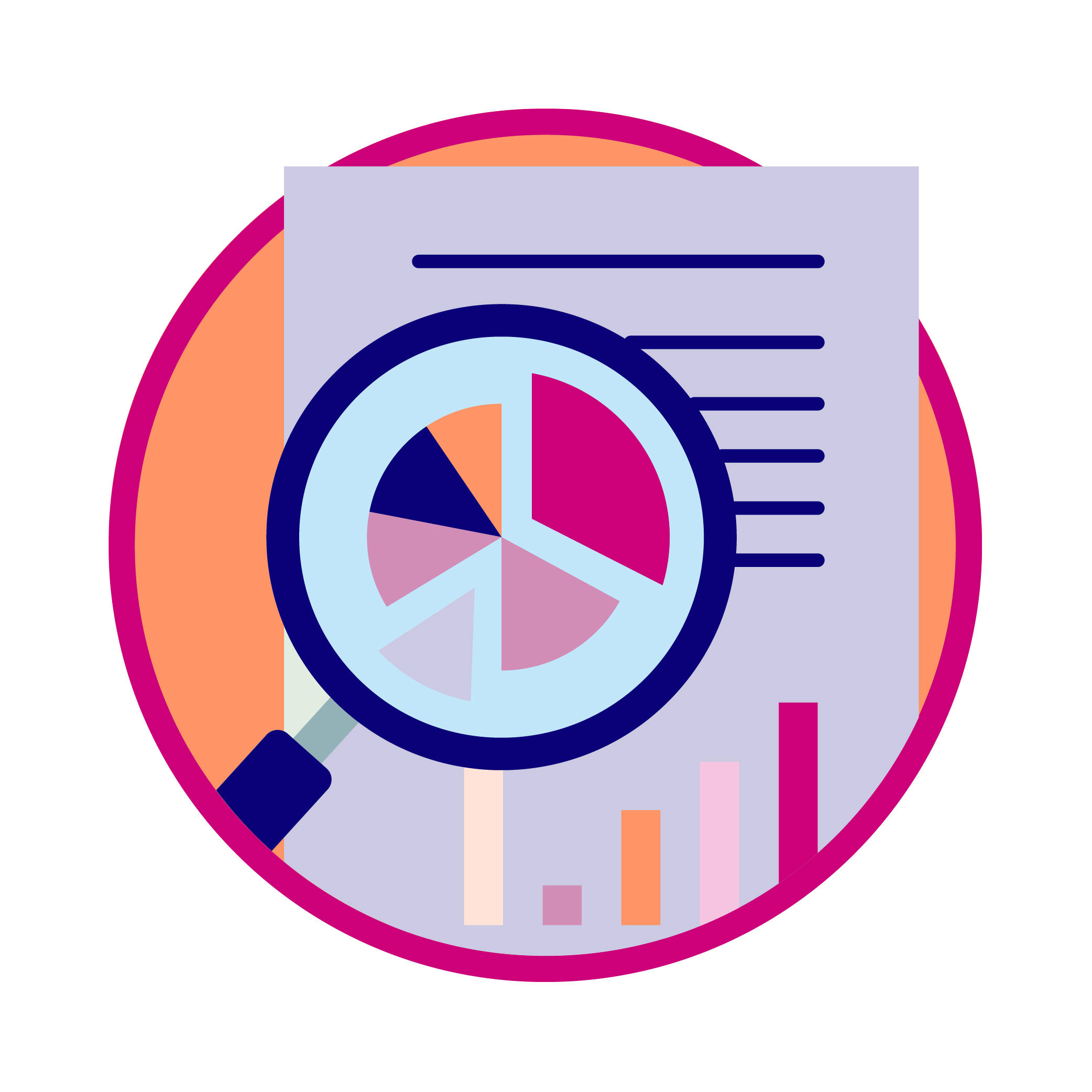 Wide Angle Analytics Powerful reporting; a magnifying glass on top of analytics reports escaping from circular frame.