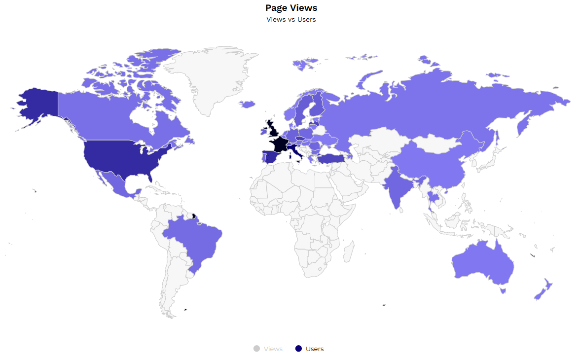 Screenshot of map showing source of visits in Google Analytics Alternative - Wide Angle Analytics