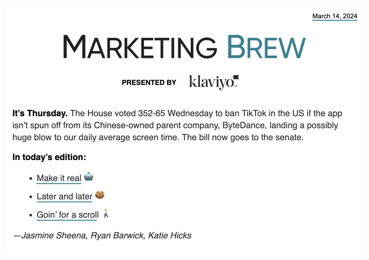 Marketing Brew Newsletter screenshot - Content Repurposing Strategy