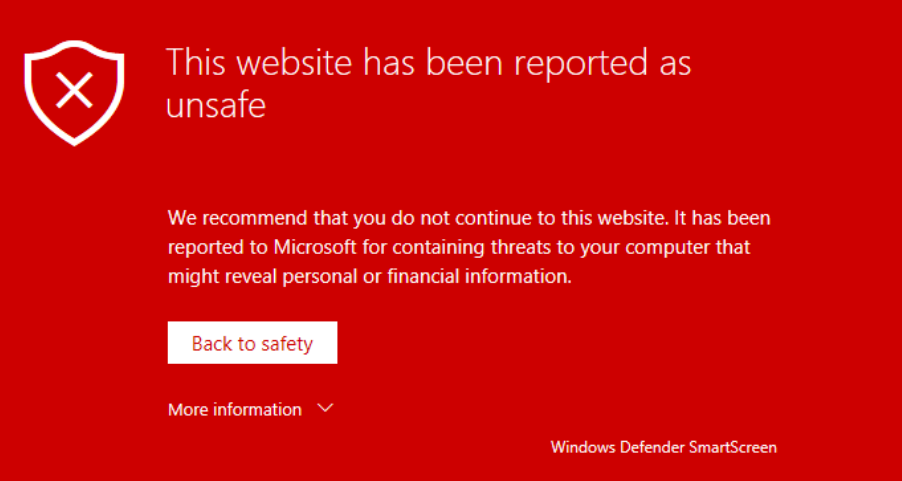 SmartScreen Defender warning about dangarous or malicious website