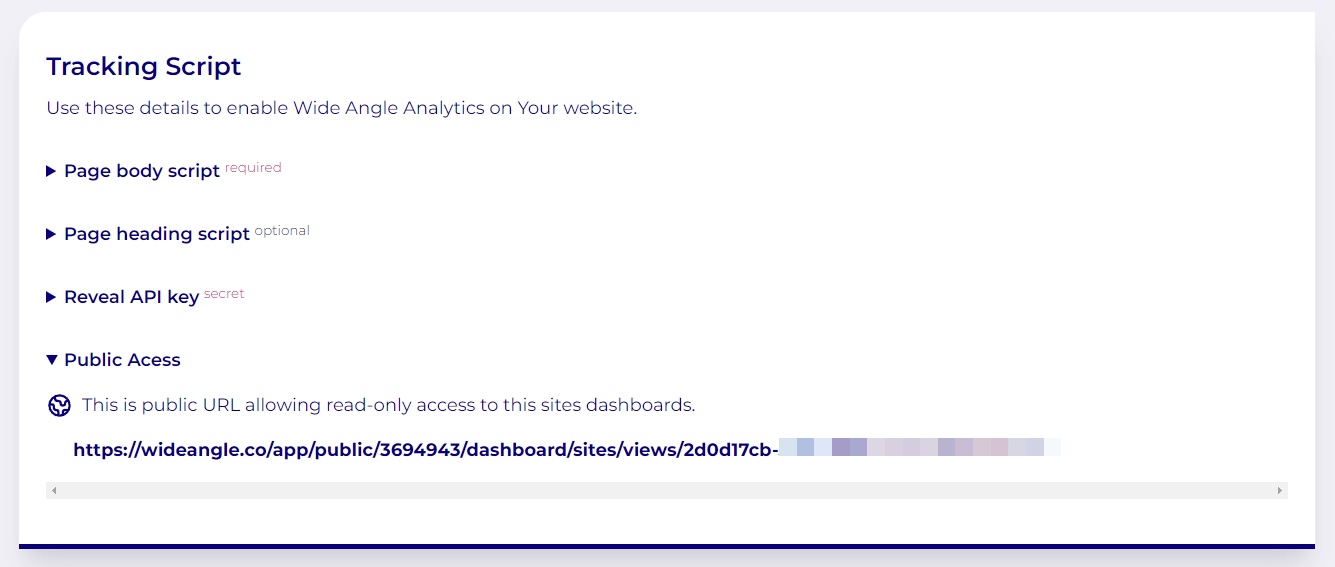 Wide Angle Analytics Site Setting - Get your web analytics public link