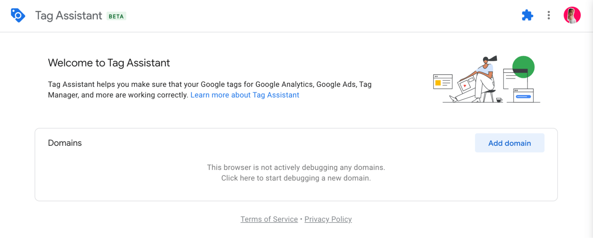 Screenshot des Google Tag Assistant, in den Sie die URL der Domain eingeben können, die Sie auf Probleme bei der Skriptausführung überprüfen möchten, wenn Google Analytics keine Conversion-Daten anzeigt.