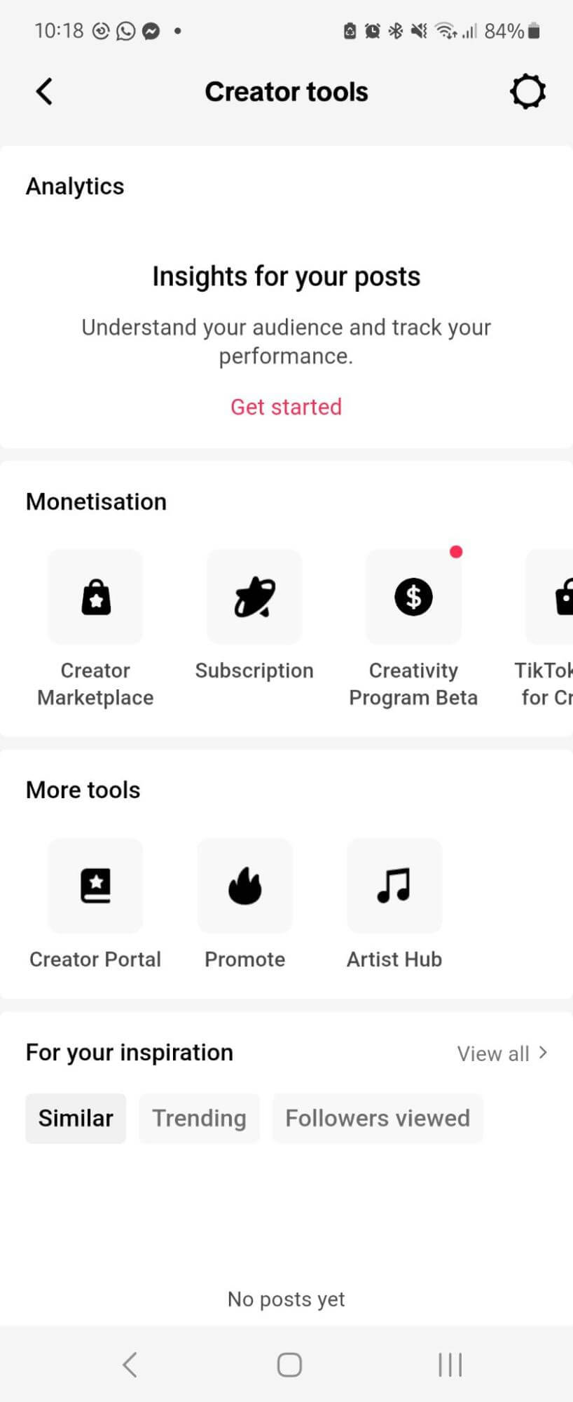 How to get analytics on TikTok; a screenshot of the TikTok Creator tools page, including sections for analytics, monetisation, tools and content inspiration.