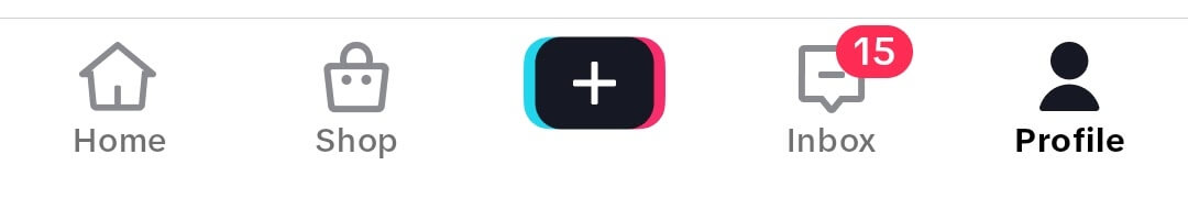 How to get analytics on TikTok; a screenshot of the TikTok bottom menu, including the Home, Shop, Add, Inbox and Profile buttons.