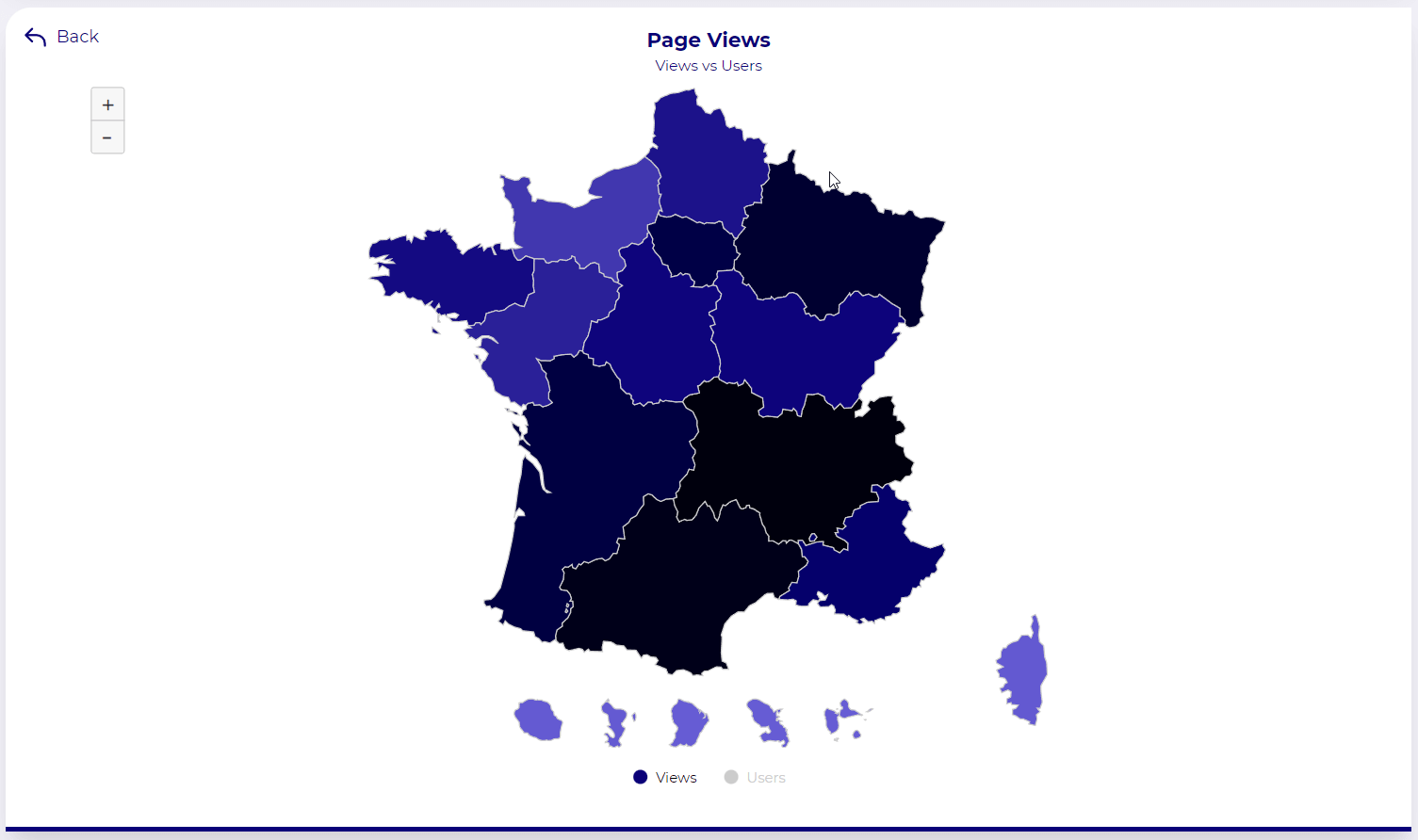 Map of France showing number heatmap of pageviews
