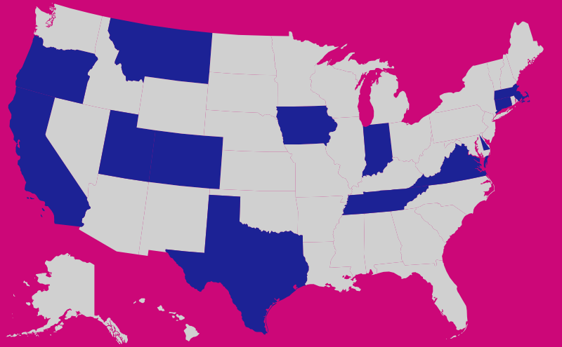 A map of US states that have comprehensive privacy policy