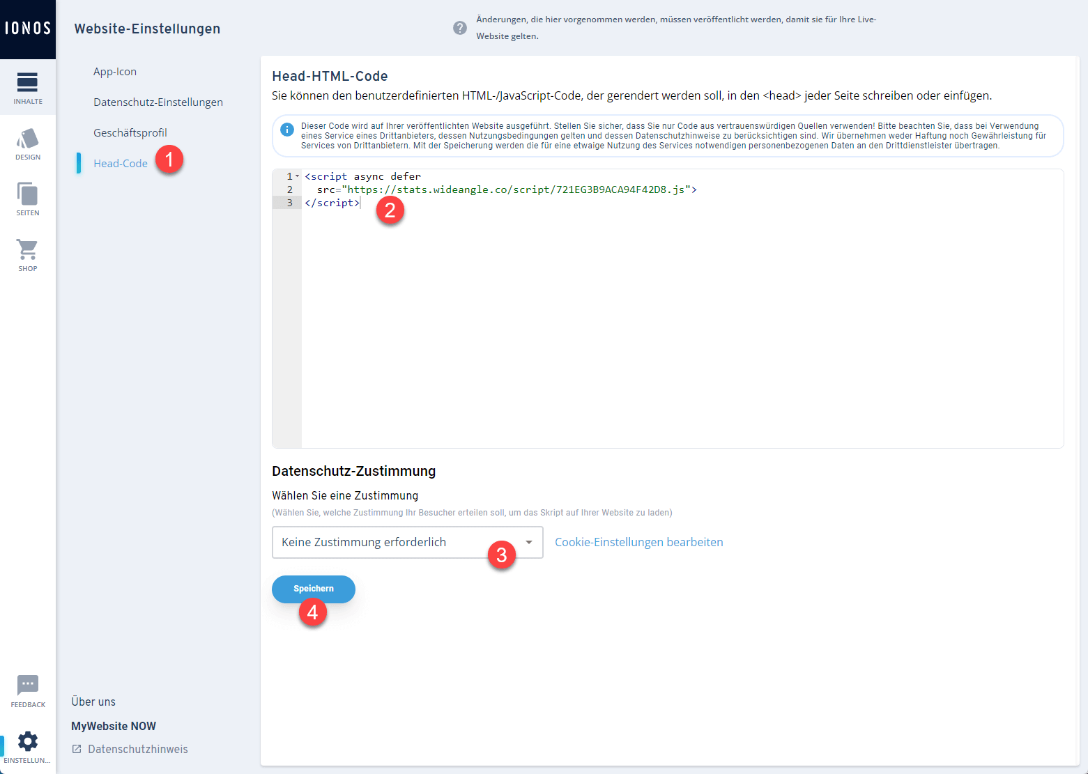 IONOS MyWebsite Head-Code und Datenschutz-Konfigurationspanel.