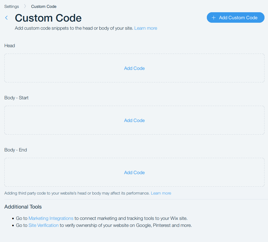 Wix custom code dialog screenshot
