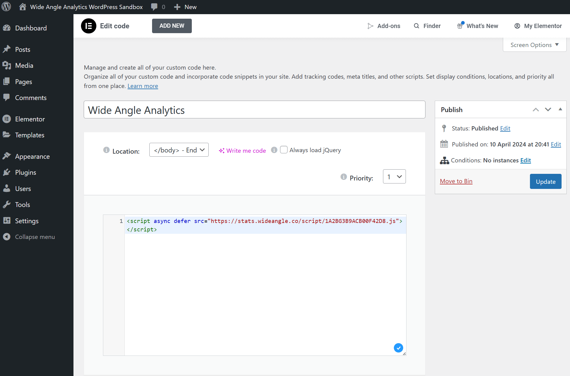 Custom code form screenshot - Web Analytics for Elementor the WordPress plugin