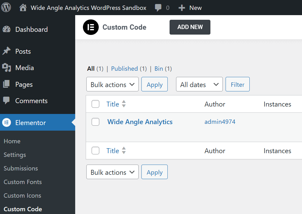 Elementr in Wordpress admin panel - Web Analytics for Elementor the WordPress plugin