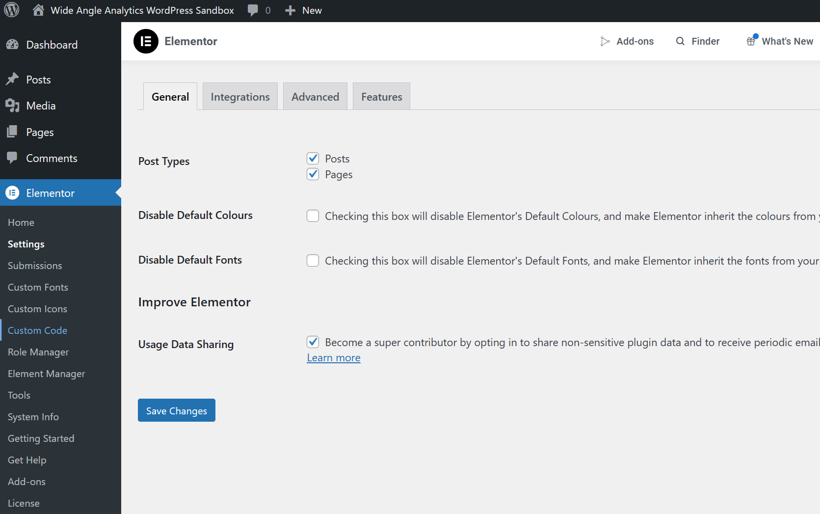 Elementr sidebar additional settings - Web Analytics for Elementor the WordPress plugin