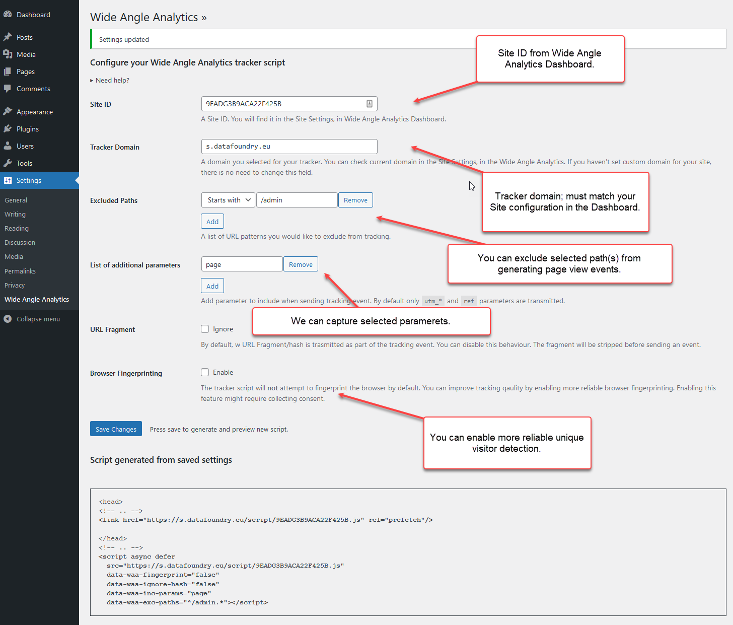 Configure Wide Angle Analytics plugin in WordPress Admin