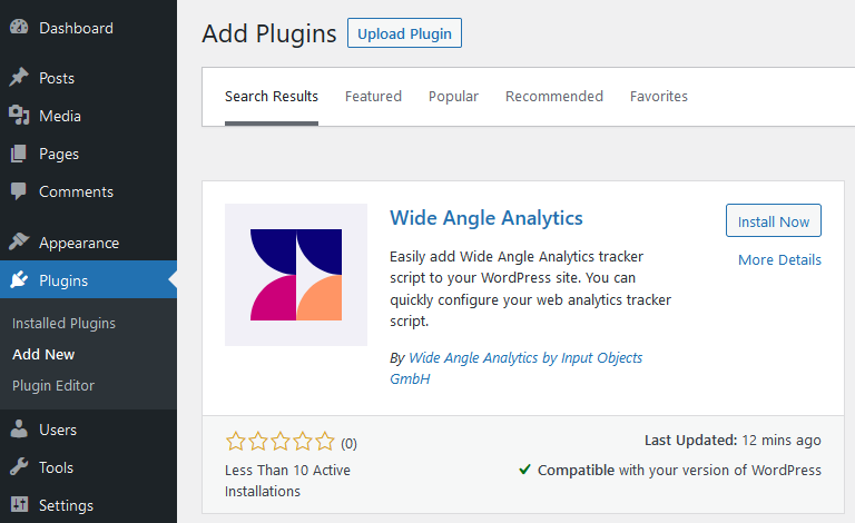 Search for Wide Angle Analytics plugin in WordPress marketplace